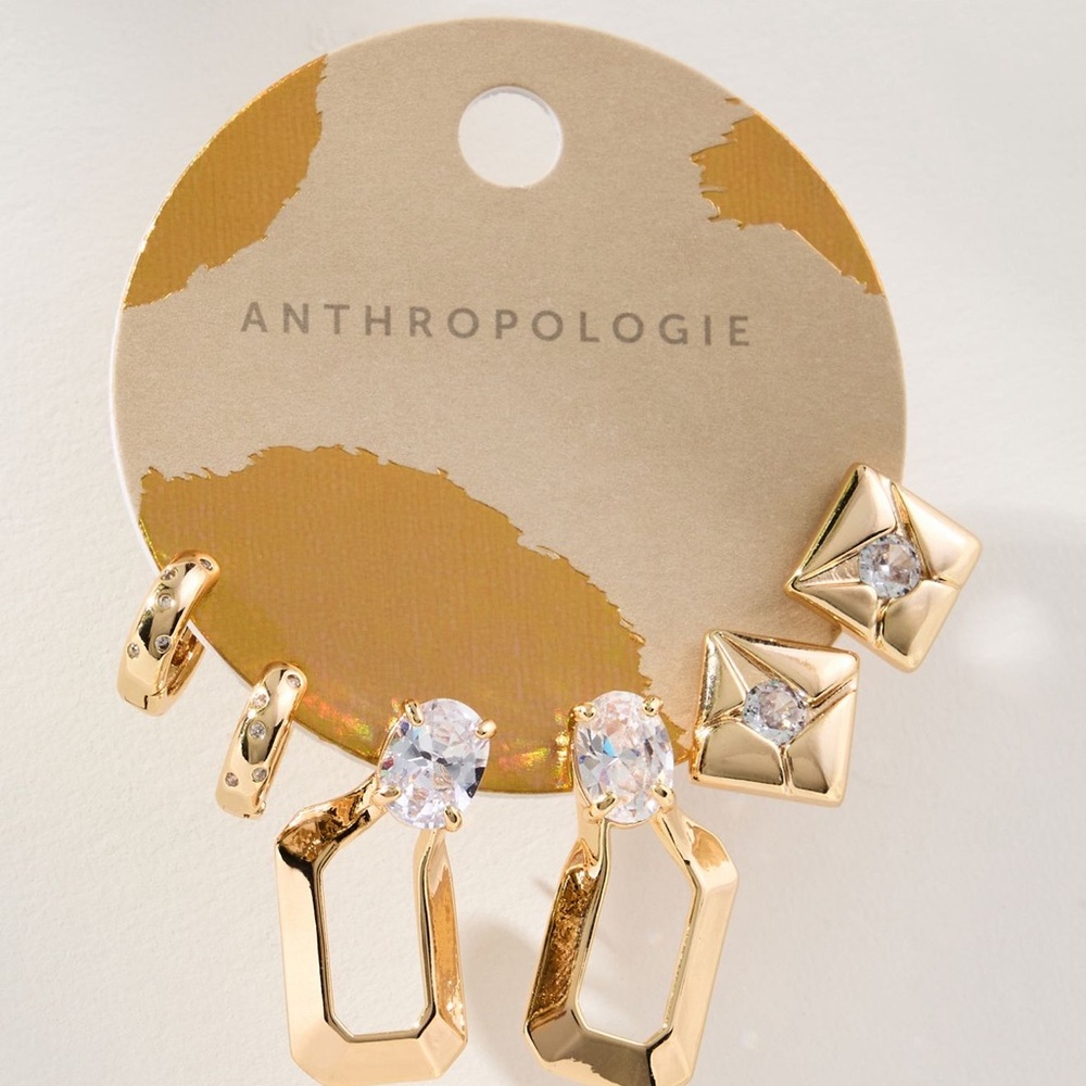 Anthropologie Earrings 14K Gold Plated Brass CZ Earring Set of 3 pair NEW